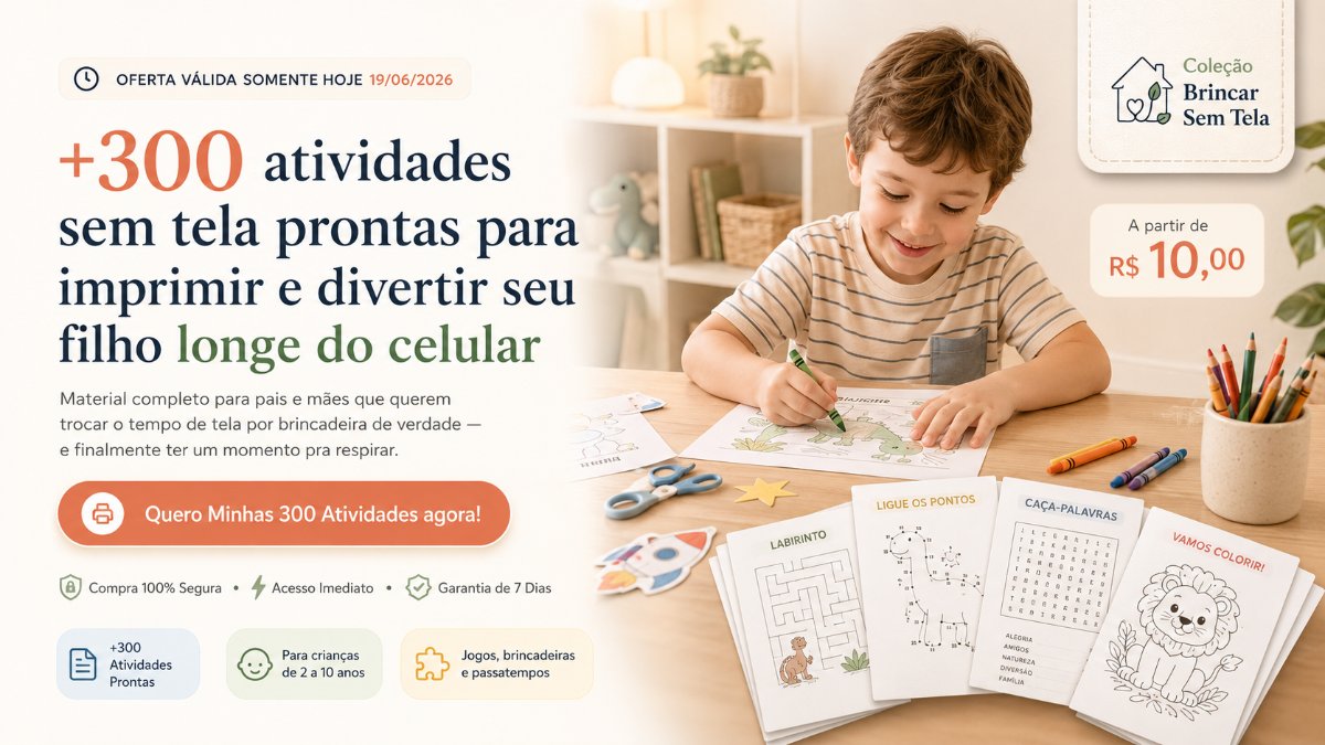 Crianças se divertindo com atividades sem tela: labirintos, ligue-pontos, caça-palavras e colorir