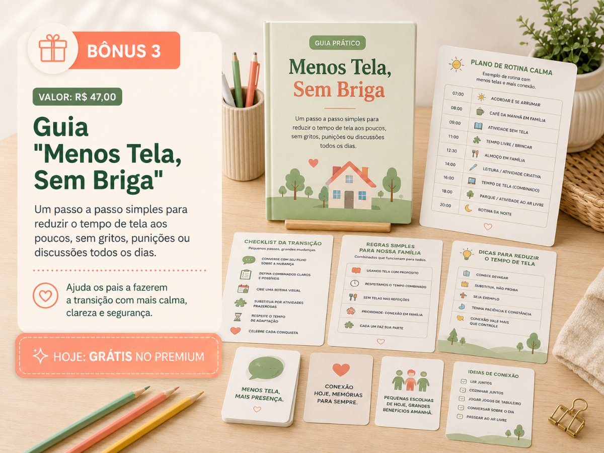 Guia Menos Tela, Sem Briga com checklist da transição e dicas para reduzir o tempo de tela