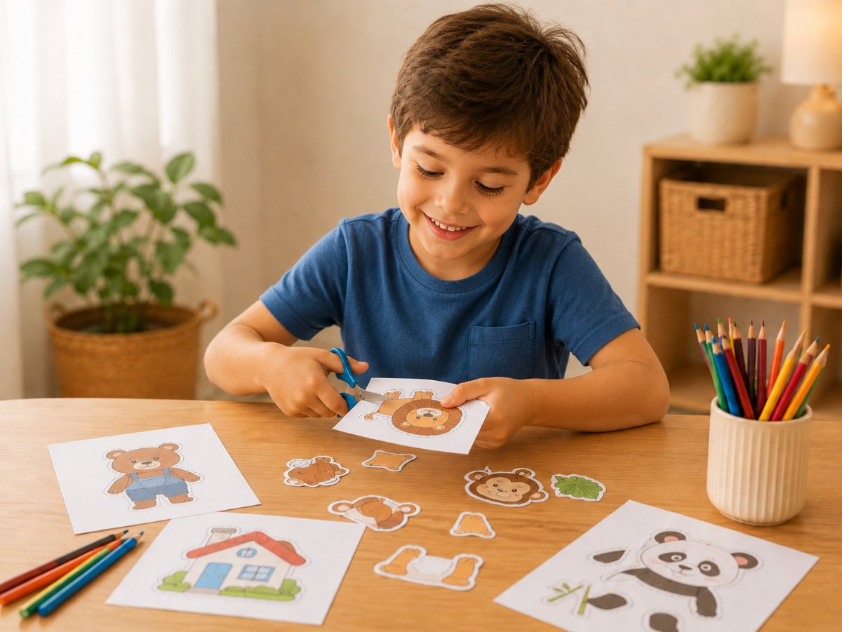 Menino recortando figuras e peças de papel