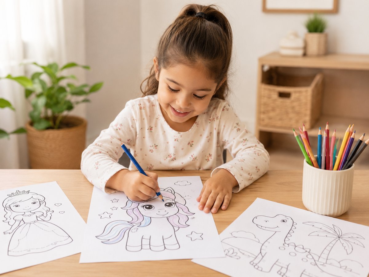 Criança colorindo desenhos impressos na mesa