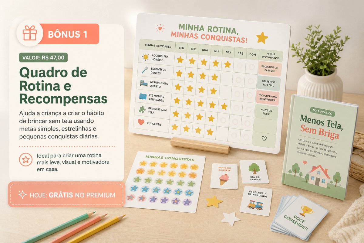 Quadro de rotina com estrelinhas, cartela de recompensas e guia Menos Tela, Sem Briga